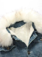 Men's denim jacket with faux fur collar, insulated rugged winter outerwear by Trendsi, designed for warmth and style.