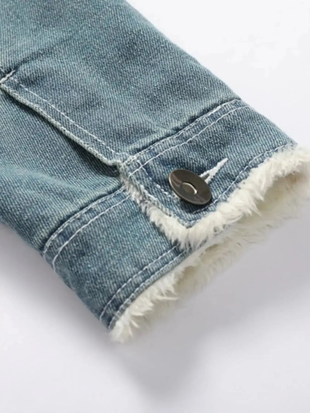Men's denim jacket with faux fur collar, insulated rugged winter outerwear from Trendsi, designed for warmth and style.