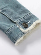 Men's denim jacket with faux fur collar, insulated rugged winter outerwear from Trendsi, designed for warmth and style.