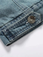 Men's denim jacket with faux fur collar, insulated rugged winter outerwear by Trendsi, featuring classic denim design and warm lining.