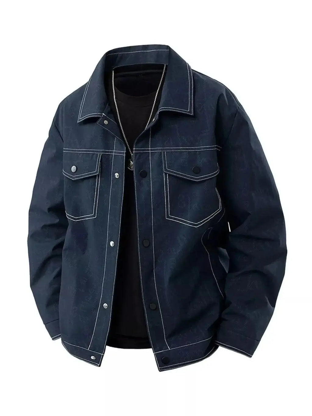 Plus size men's casual denim jacket with snap-down front, relaxed fit, oversized style, from Trendsi.