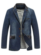 Men's plus size denim blazer with structured cotton blend fabric and lapel collar, stylish men's denim jacket by Trendsi.