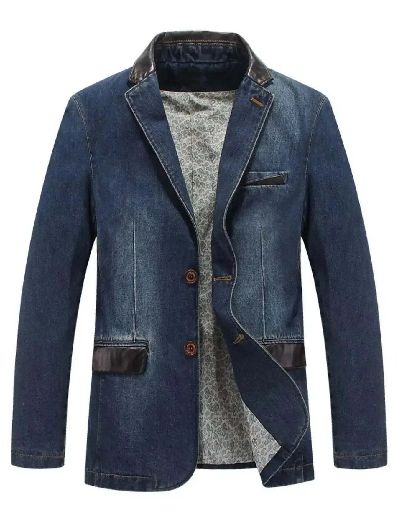 Men's plus size denim blazer with structured cotton blend fabric and lapel collar, stylish men's denim jacket by Trendsi.