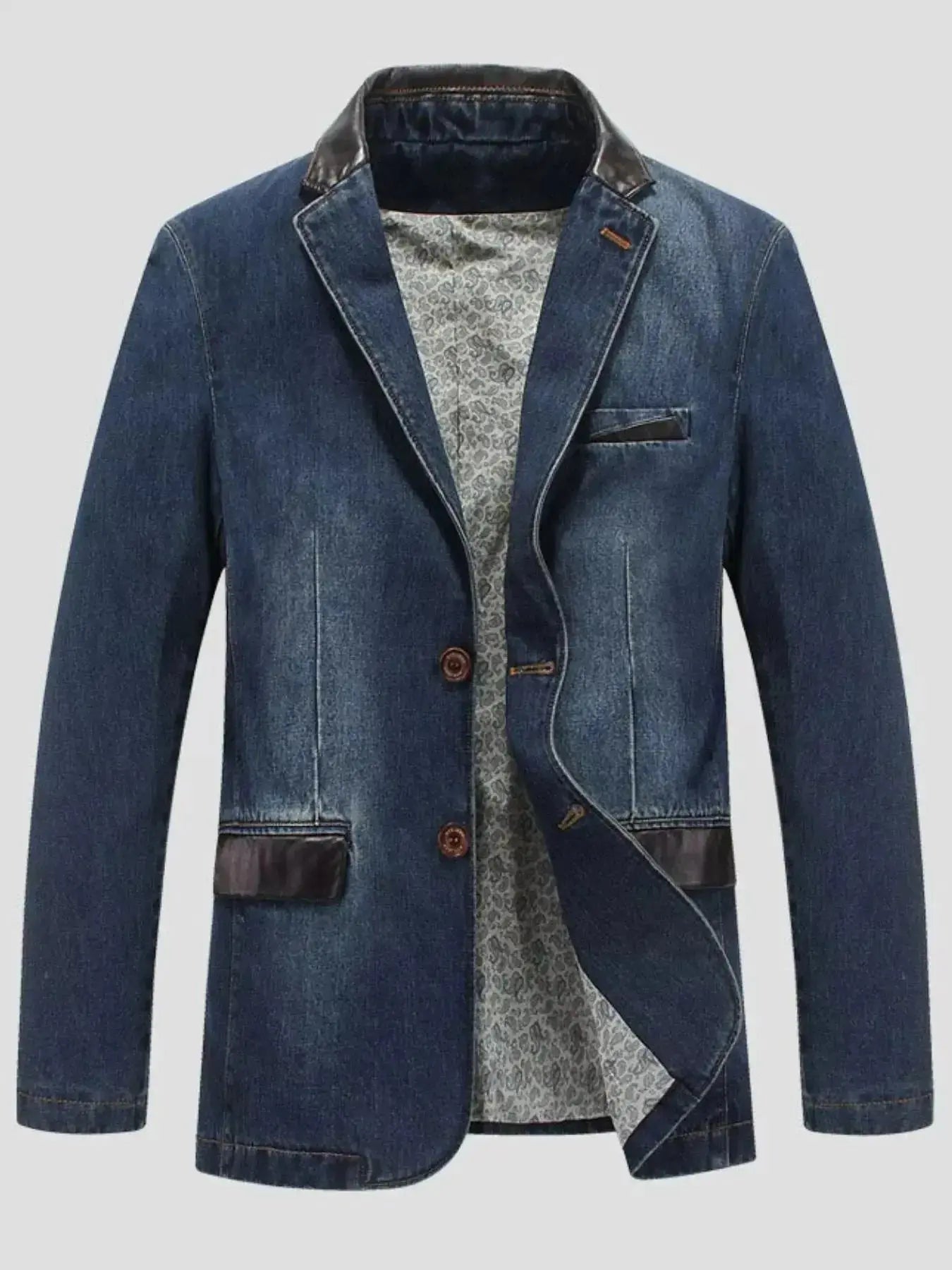 Plus size men's denim blazer with structured cotton blend fabric and lapel collar, stylish jacket from Trendsi.