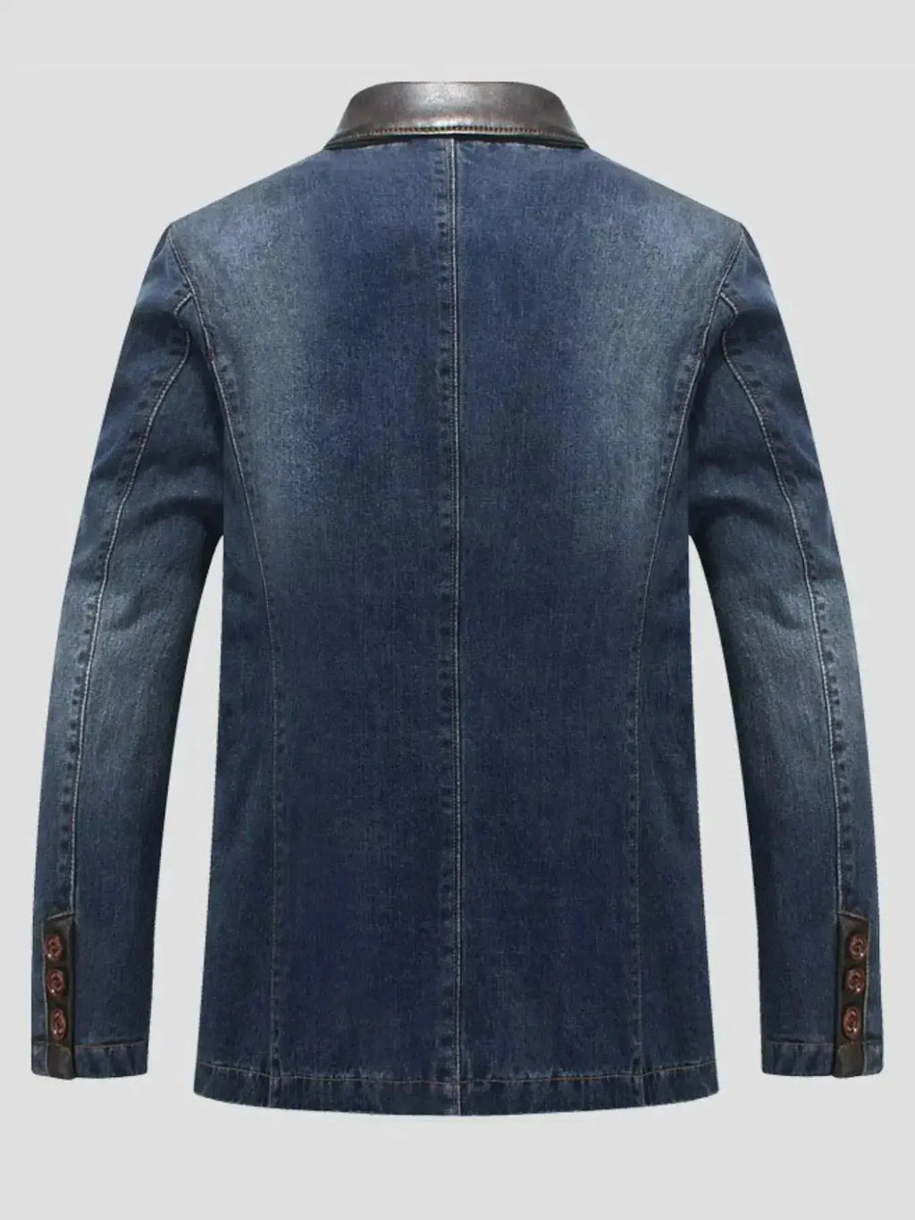 Men's plus size denim blazer with structured cotton blend fabric and lapel collar, stylish men's denim jacket by Trendsi.