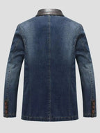 Men's plus size denim blazer with structured cotton blend fabric and lapel collar, stylish men's denim jacket by Trendsi.