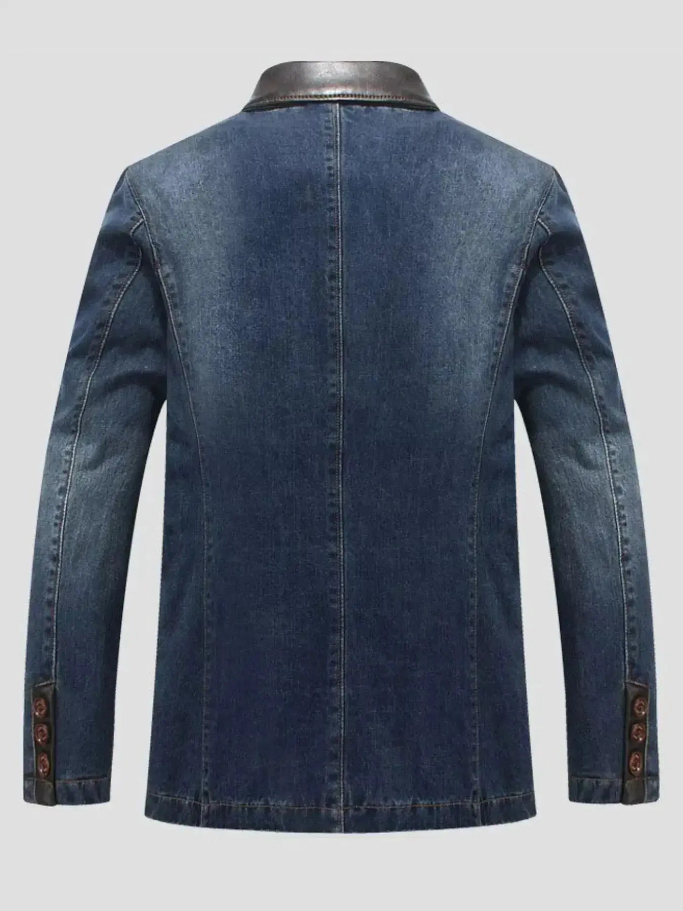Men's plus size denim blazer with structured cotton blend fabric and lapel collar, stylish men's denim jacket by Trendsi.