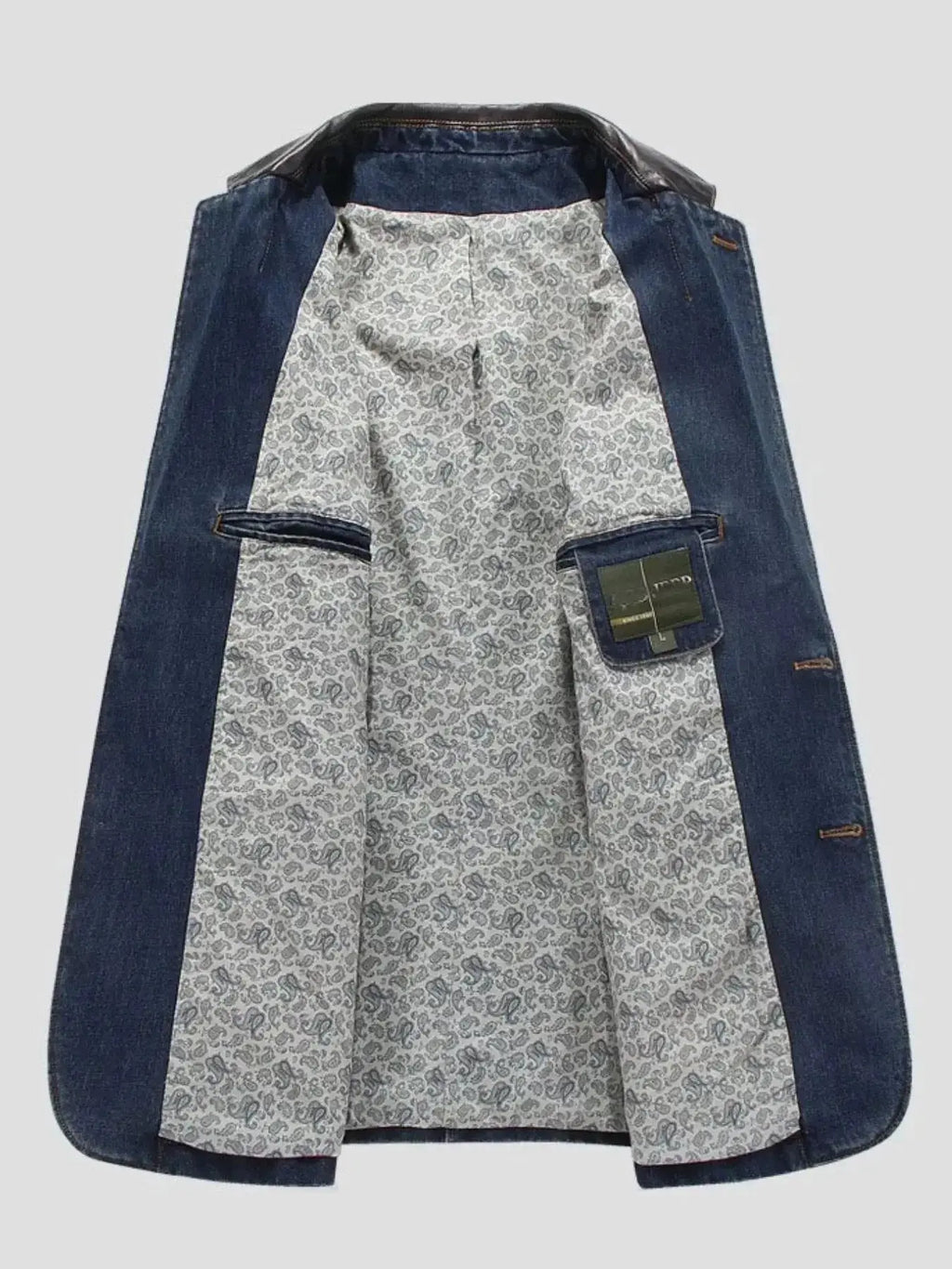 Men's plus size denim blazer with structured cotton blend fabric and lapel collar, stylish men's jacket by Trendsi.