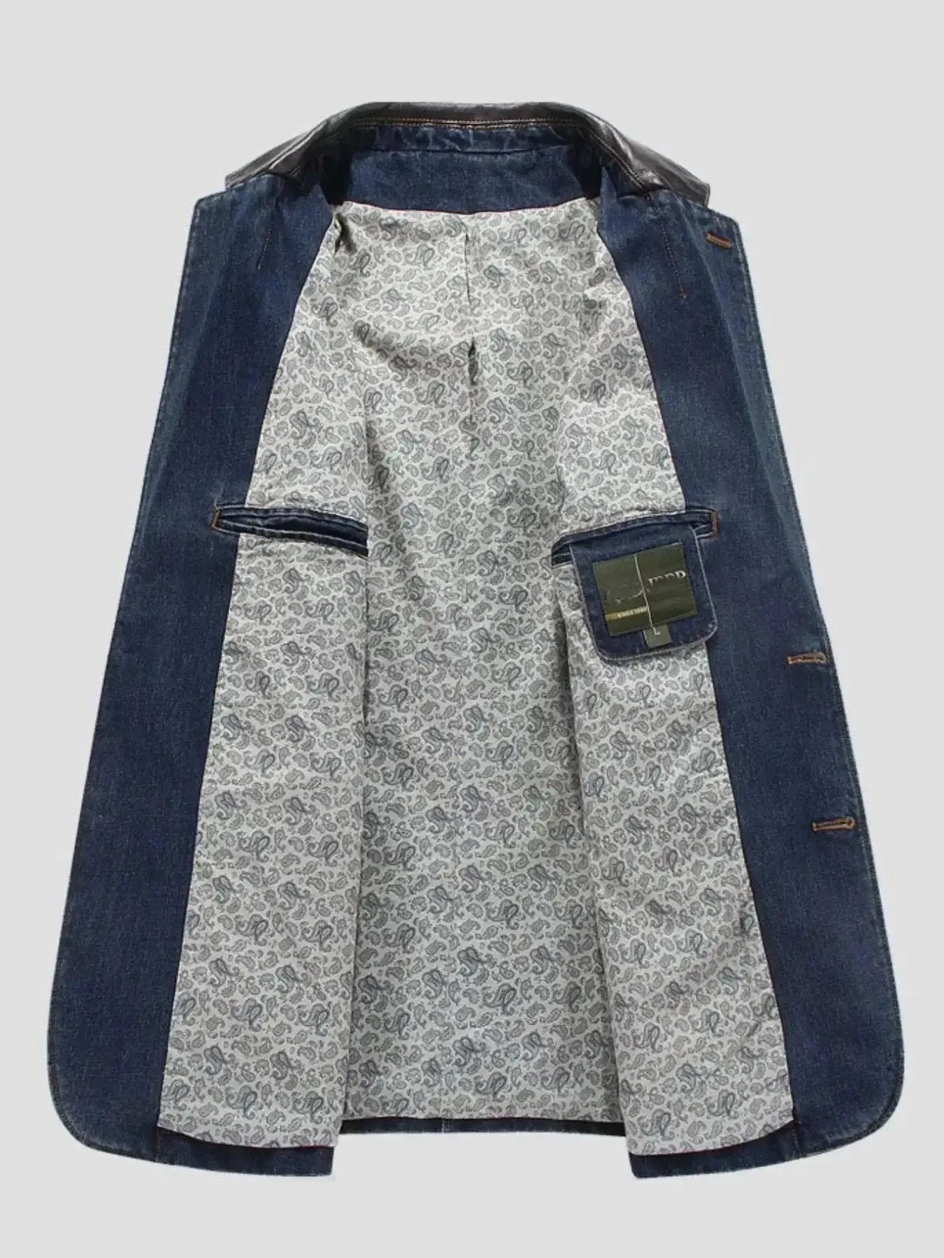 Men's plus size denim blazer with structured cotton blend fabric and lapel collar, stylish men's jacket by Trendsi.