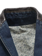 Plus size men's denim blazer by Trendsi, structured cotton blend jacket with lapel, shown with front view.