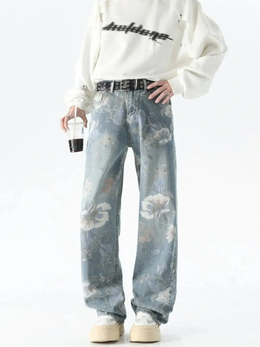 Men's Plus Size Floral Print Loose Fit Jeans - Plush Fashion Hub