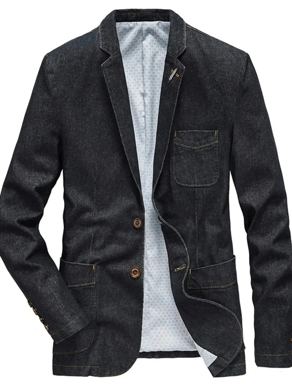 Men's plus size denim blazer with lapel collar and long sleeves, stylish jean jacket by Plush Fashion Hub.