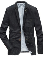 Men's plus size denim blazer with lapel collar and long sleeves, stylish jean jacket by Plush Fashion Hub.