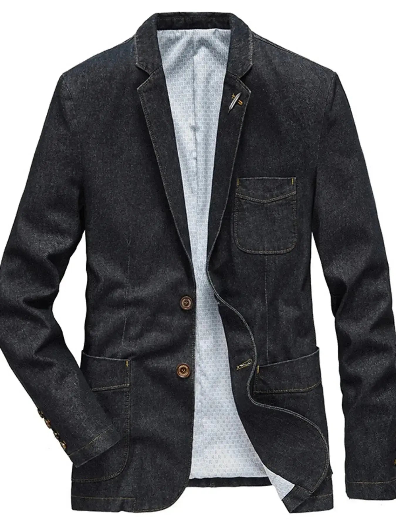 Men's plus size denim blazer with lapel collar and long sleeves, stylish jean jacket by Plush Fashion Hub.