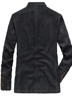 Men's plus size denim blazer with lapel collar and long sleeves, stylish jean jacket by Plush Fashion Hub.