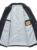 Men's plus size denim blazer with lapel collar and long sleeves, stylish jean jacket from Plush Fashion Hub.