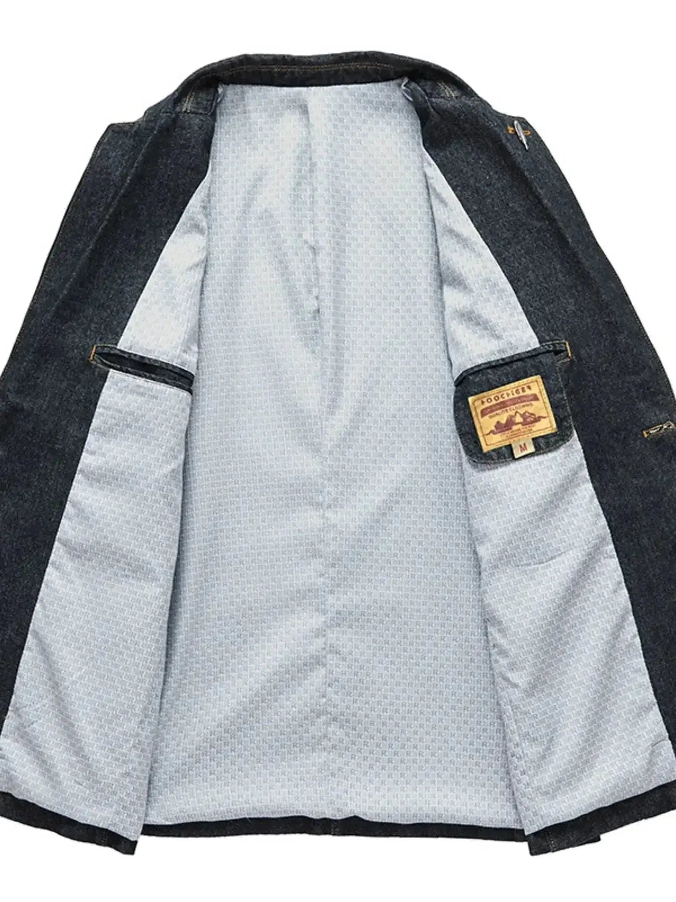 Men's plus size denim blazer with lapel collar and long sleeves, stylish jean jacket from Plush Fashion Hub.