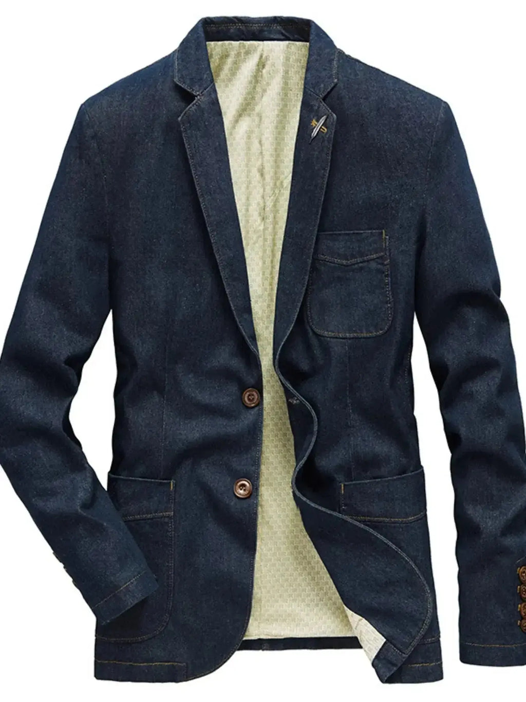 Men's plus size denim blazer with lapel collar and long sleeves, stylish jean jacket by Plush Fashion Hub.