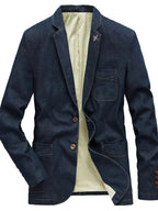 Men's plus size denim blazer with lapel collar and long sleeves, stylish jean jacket by Plush Fashion Hub.