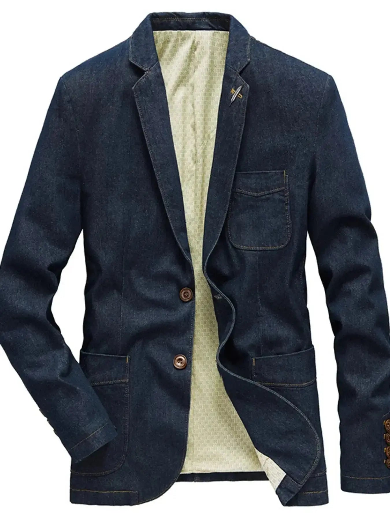 Men's plus size denim blazer with lapel collar and long sleeves, stylish jean jacket by Plush Fashion Hub.
