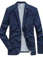 Men's plus size denim blazer with lapel collar and long sleeves, versatile jean jacket by Plush Fashion Hub.