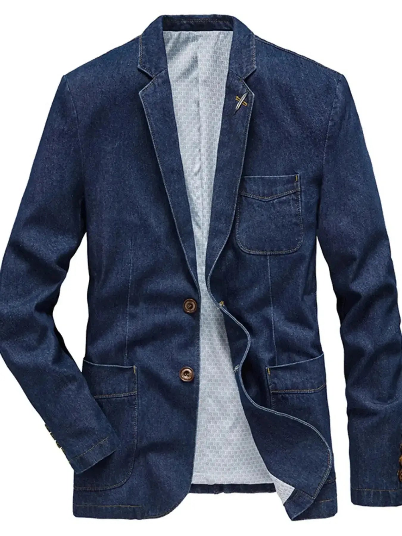Men's plus size denim blazer with lapel collar and long sleeves, versatile jean jacket by Plush Fashion Hub.
