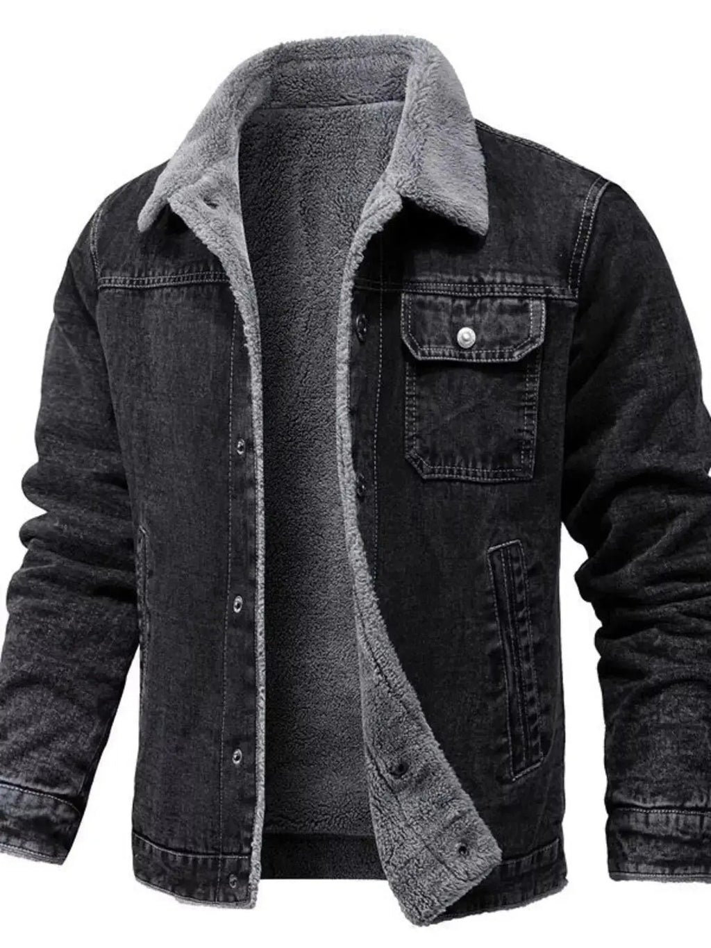 Plus size men's denim jacket with sherpa lining, warm button-up casual coat, showcasing a classic blue denim style and cozy interior.