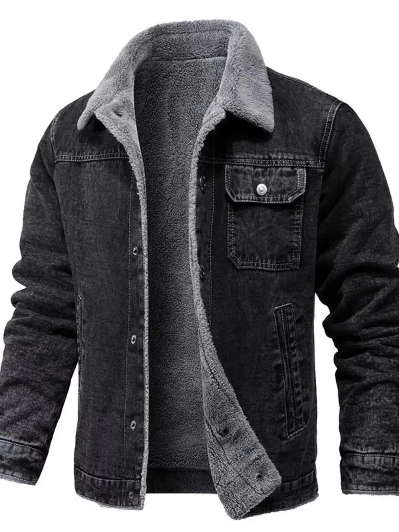Plus size men's denim jacket with sherpa lining, warm button-up casual coat, showcasing a classic blue denim style and cozy interior.