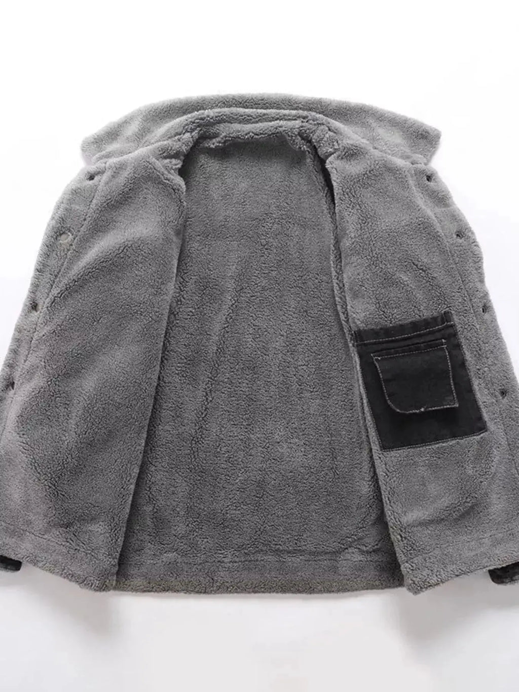 Plus size men's denim jacket with sherpa lining, button-up casual coat featuring warm, rugged style from Trendsi.