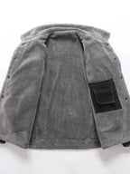 Plus size men's denim jacket with sherpa lining, button-up casual coat featuring warm, rugged style from Trendsi.
