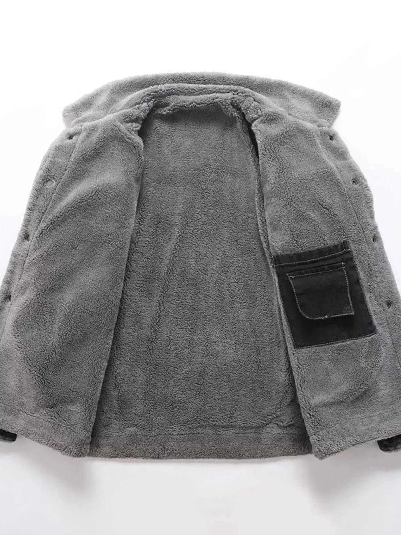 Plus size men's denim jacket with sherpa lining, button-up casual coat featuring warm, rugged style from Trendsi.