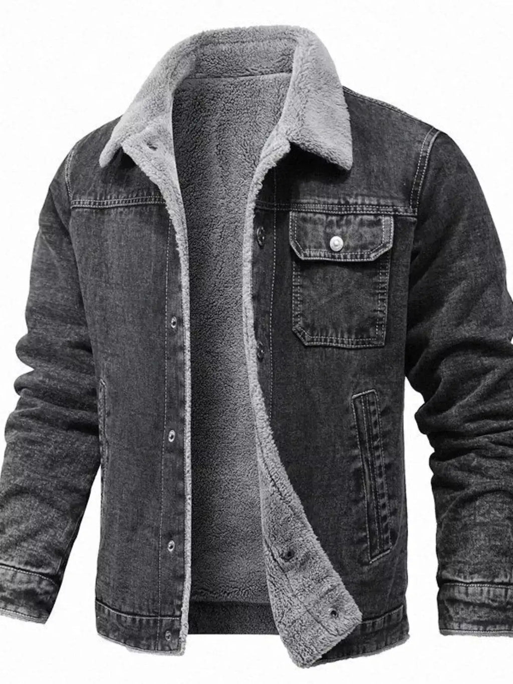 Plus size men's denim jacket with warm sherpa lining, button-up casual coat, stylish and comfortable for cold weather.