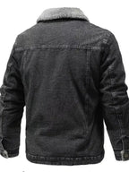 Men's plus size denim jacket with sherpa lining, warm button-up casual coat, stylish and comfortable for cold weather.