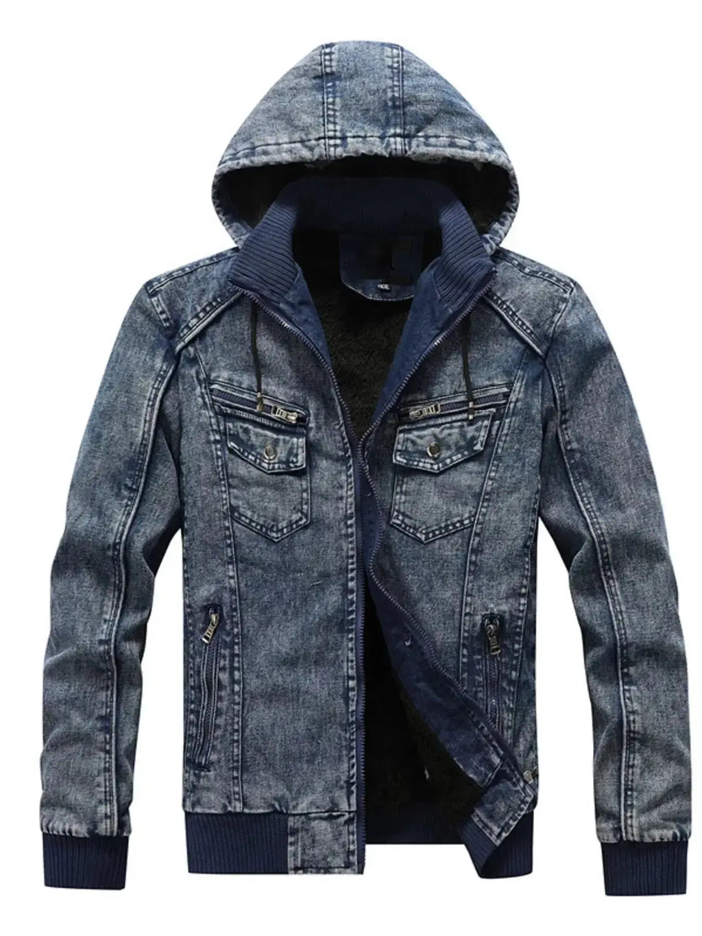 Men's plus size zip-up hooded denim jacket by Trendsi, casual stretch outerwear, shown in blue denim with front pockets and a hood.