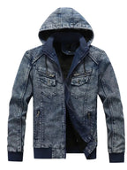 Men's plus size zip-up hooded denim jacket by Trendsi, casual stretch outerwear, shown in blue denim with front pockets and a hood.