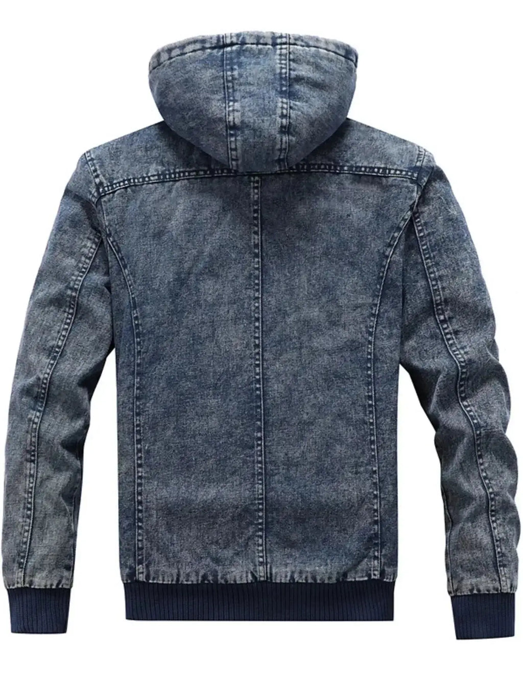 Men's plus size zip-up hooded denim jacket by Trendsi, casual stretch outerwear with front zipper and hood, blue denim fabric.