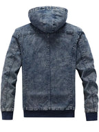 Men's plus size zip-up hooded denim jacket by Trendsi, casual stretch outerwear with front zipper and hood, blue denim fabric.