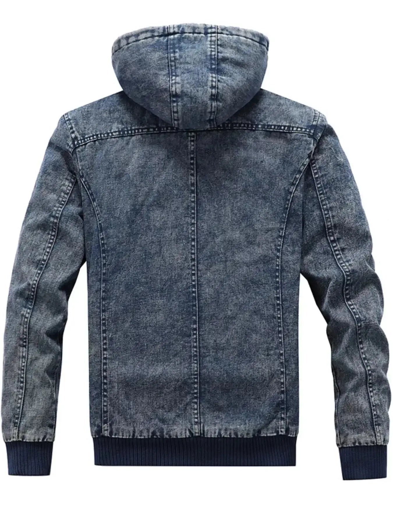 Men's plus size zip-up hooded denim jacket by Trendsi, casual stretch outerwear with front zipper and hood, blue denim fabric.