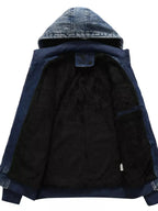 Men's plus size denim zip-up hooded jacket with casual stretch fit, featuring a classic design and front pockets.