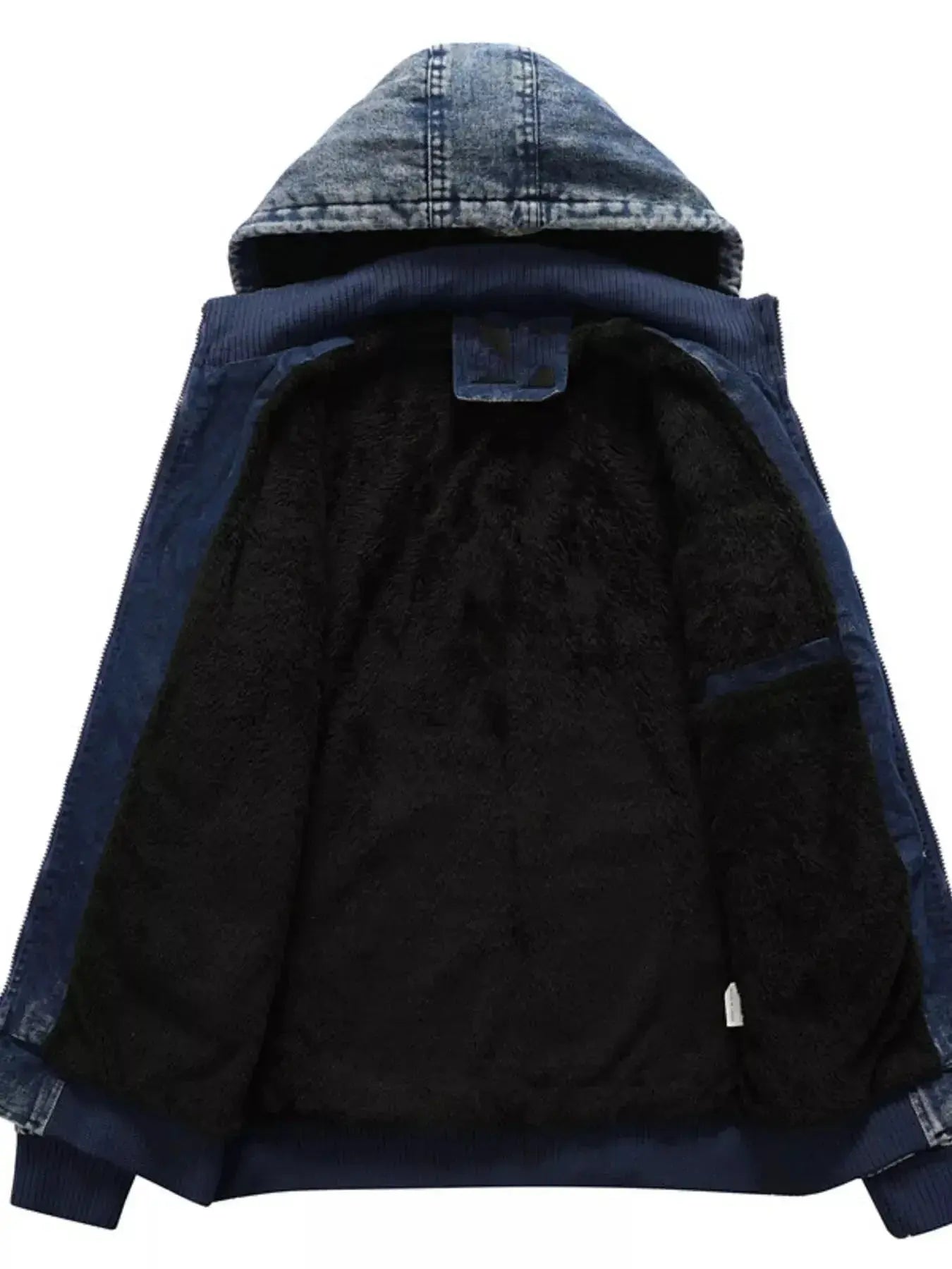 Men's plus size denim zip-up hooded jacket with casual stretch fit, featuring a classic design and front pockets.