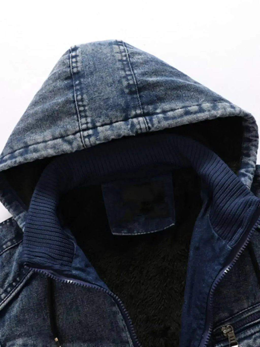 Plus size men's denim zip-up hoodie jacket with casual stretch fit, featuring a hood and front pockets, by Trendsi.