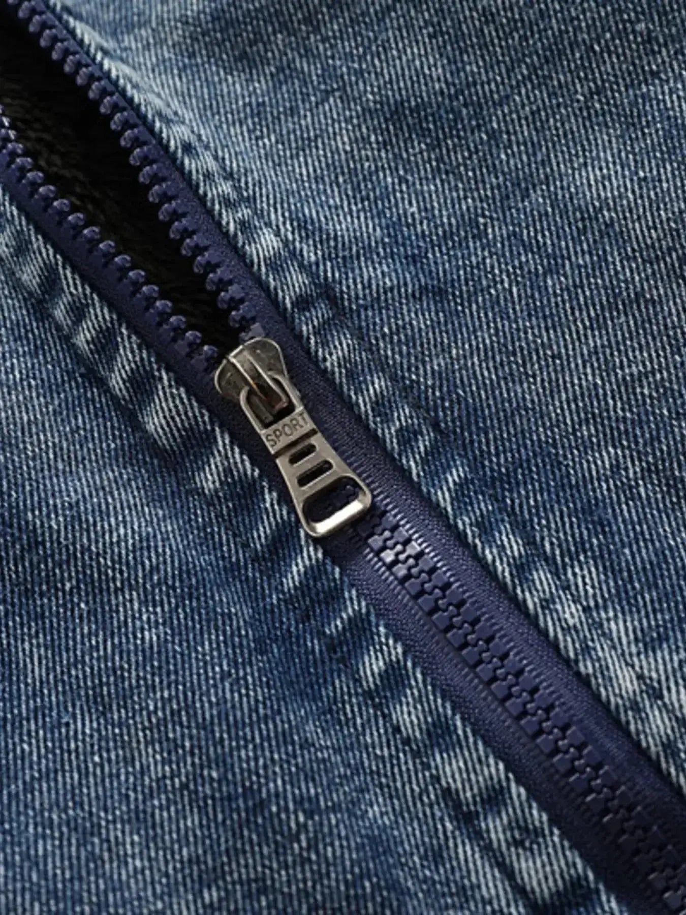 Men's plus size zip-up hooded denim jacket with casual stretch fit, featuring a classic denim design and front pockets.