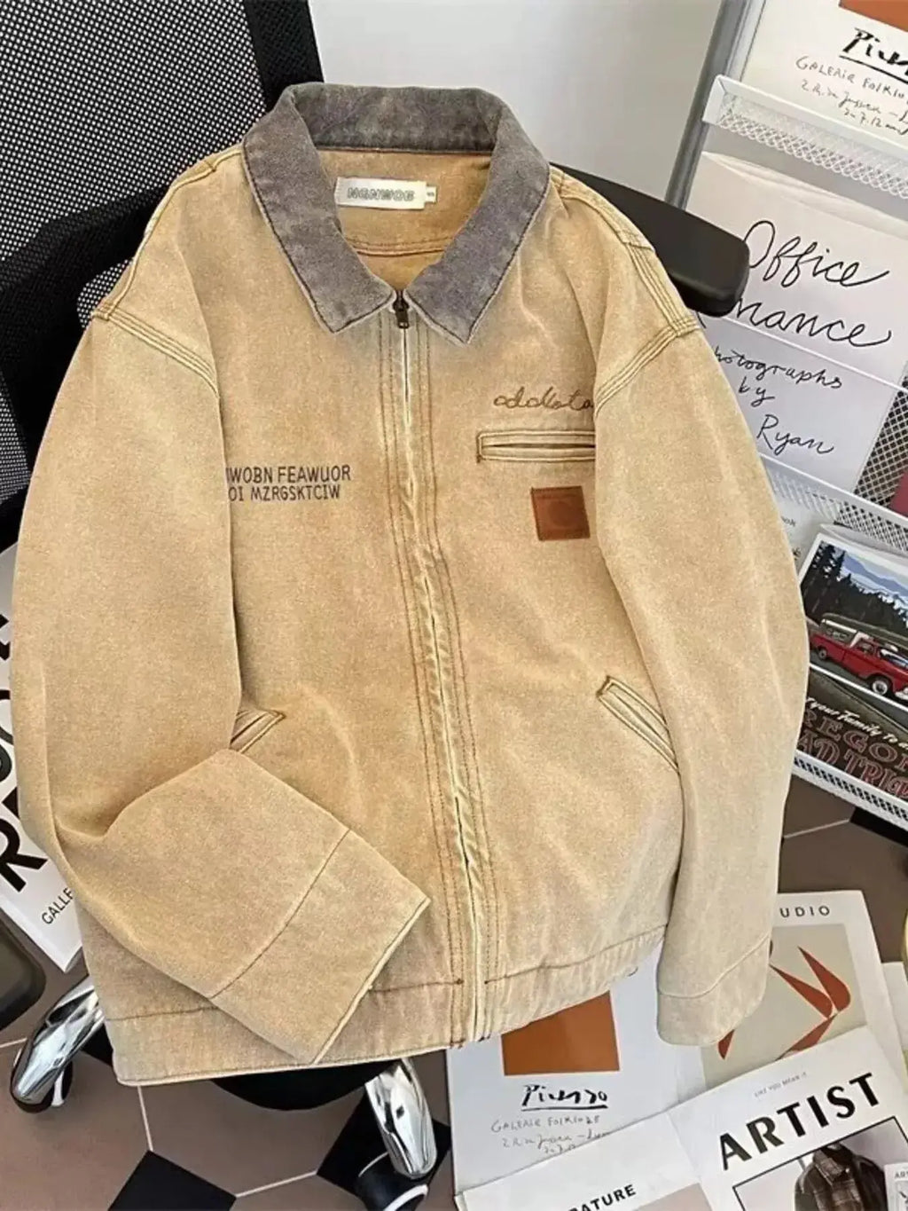 Men's relaxed fit washed denim zip-up jacket by Trendsi, featuring classic denim fabric and a casual style.