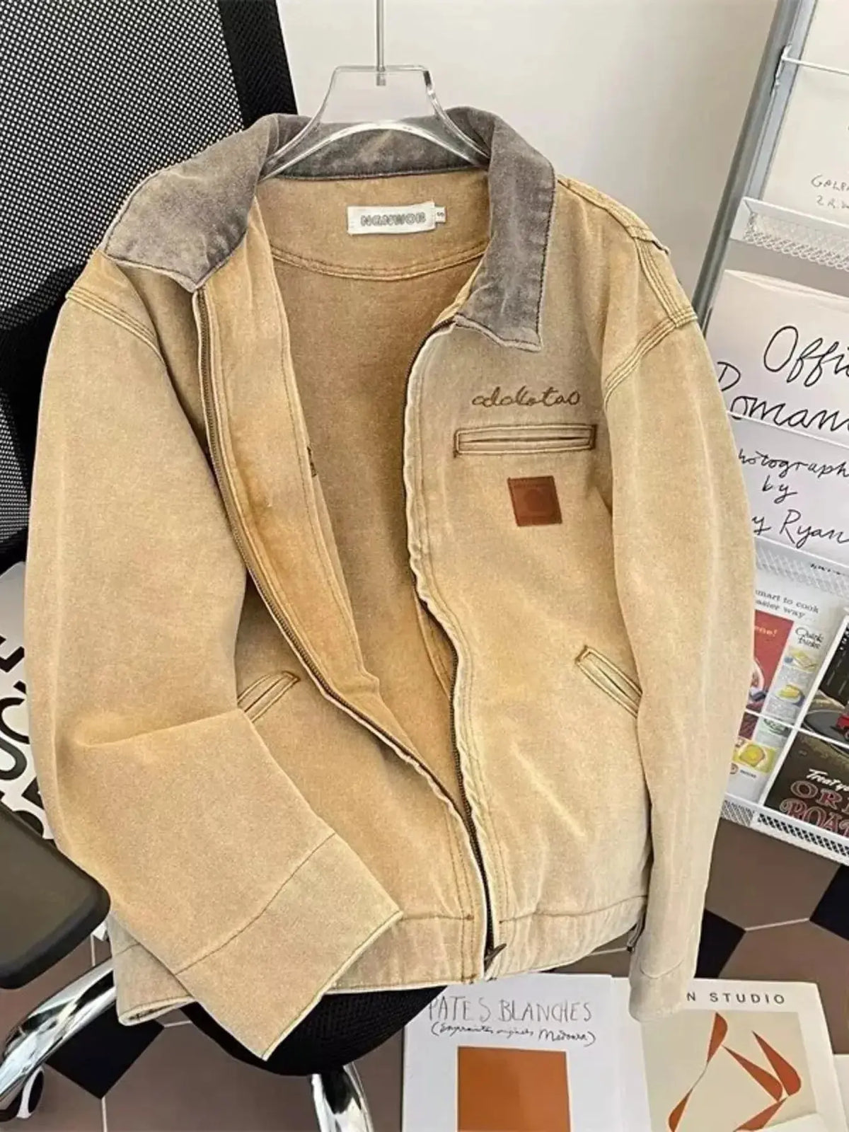 Men's relaxed fit washed denim zip-up jacket by Plush Fashion Hub, showcasing the denim jacket's front view and casual style.
