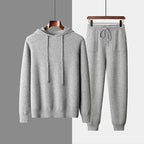 Men's solid color casual hooded knitted sweatshirt and jogger set by Plush Fashion Hub, featuring comfortable long pants and hood.