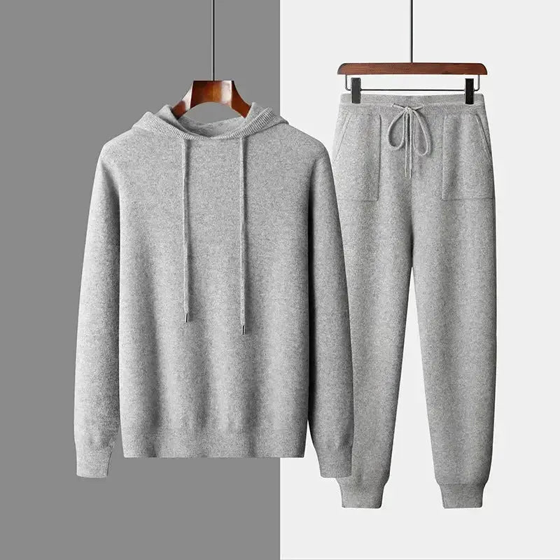 Men's solid color casual hooded knitted sweatshirt and jogger set by Plush Fashion Hub, featuring comfortable long pants and hood.