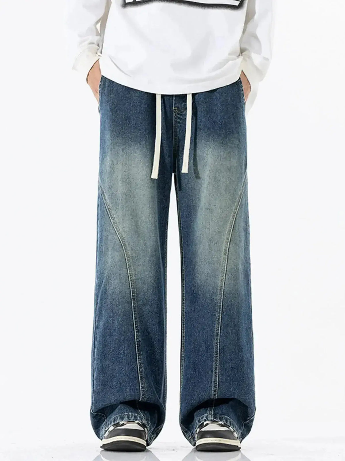 Men's vintage wash wide-leg jeans with drawstring waist, relaxed fit cotton denim, by Plush Fashion Hub.