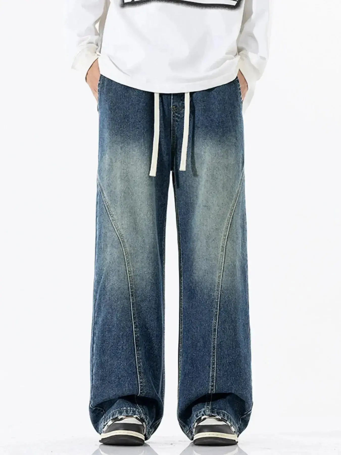 Men's vintage wash wide-leg drawstring jeans from Trendsi, relaxed fit cotton denim with a casual, laid-back style.