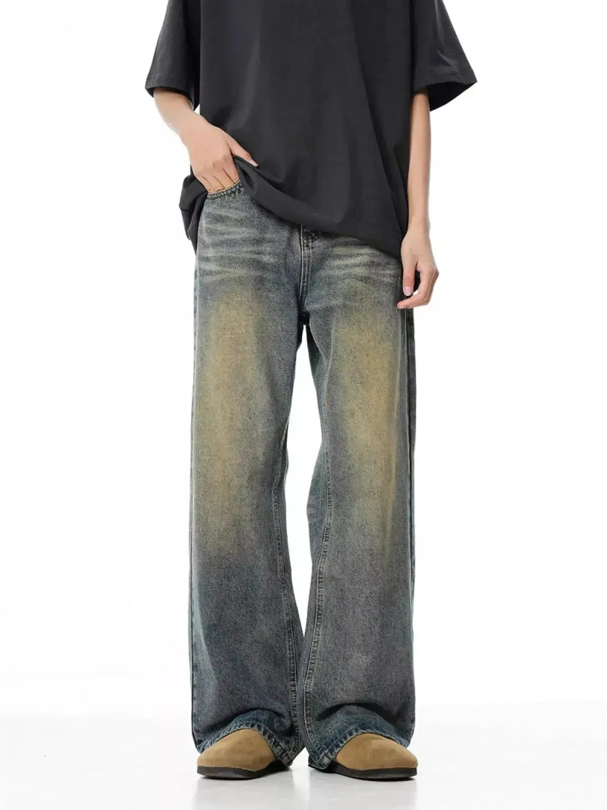 Men's vintage wash wide leg denim jeans with relaxed fit from Plush Fashion Hub, showcasing classic distressed denim style.