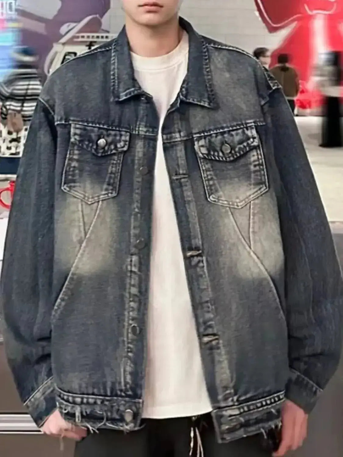 Men's vintage washed denim jacket by Trendsi, made of durable 100% cotton, classic outerwear with a rugged, timeless style.
